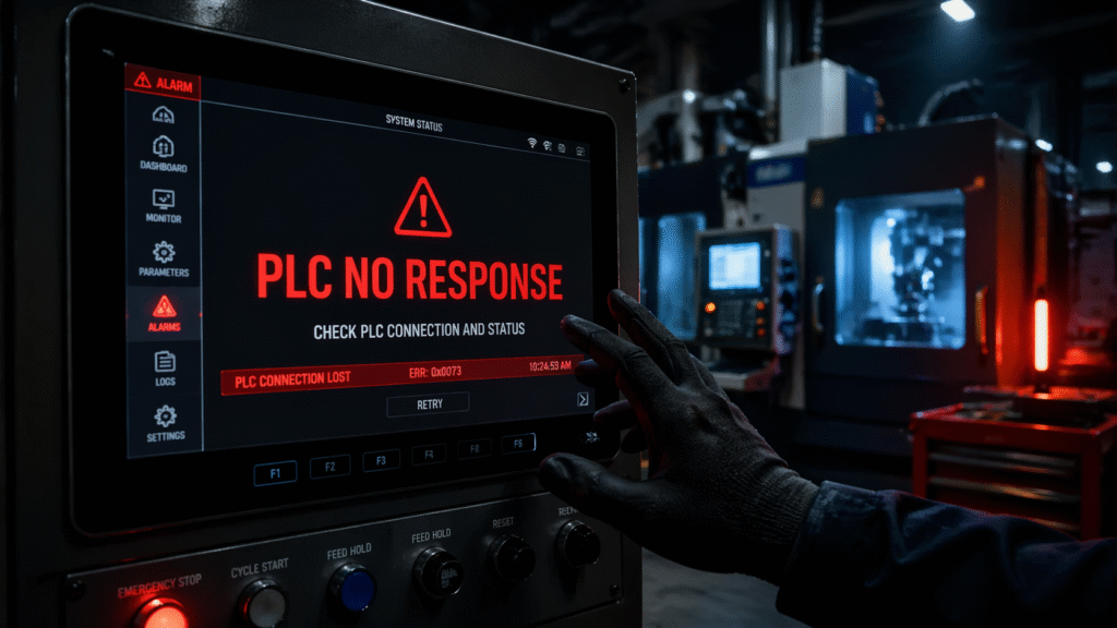 4K A dramatic close-up of an industrial HMI touchscreen in a dark factory environment, the screen displaying a large red "PLC NO RESPONSE" alarm message with warning icons. Behind the screen, blurred background shows a CNC machine workshop with blue and orange safety lighting. A technician's gloved hand is reaching toward the screen but frozen in hesitation. Cinematic lighting with high contrast, shallow depth of field, photorealistic industrial photography style, 16:9 aspect ratio, moody atmosphere conveying urgency and technical precision,