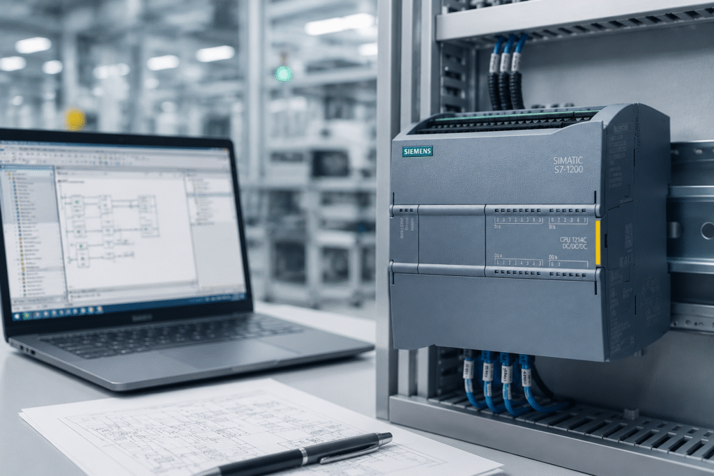 Przemysłowy sterownik PLC z systemem monitorowania HMI stosowany w środowiskach zautomatyzowanych linii produkcyjnych
