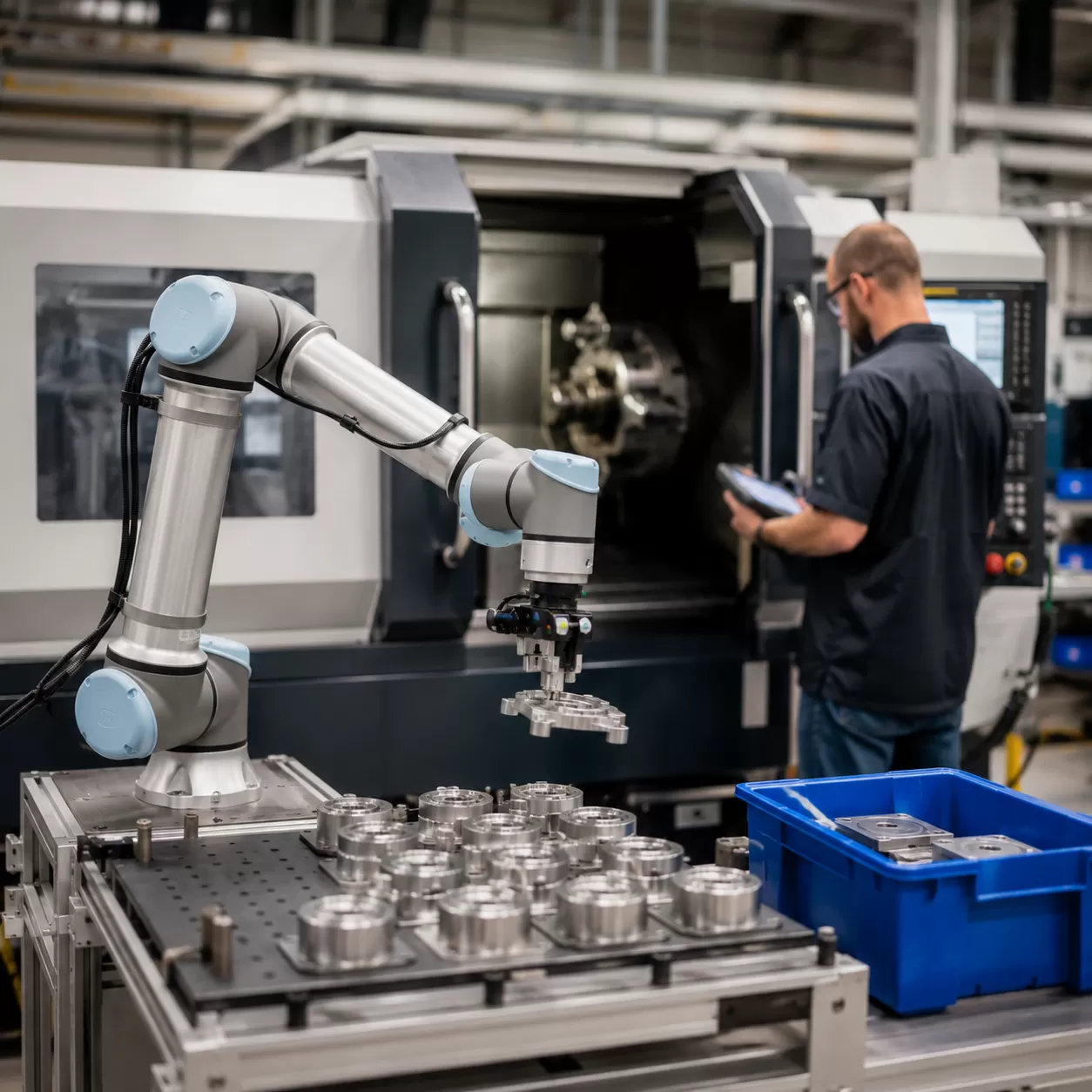 Discover how cobot integration for CNC boosts machine output without hiring extra operators. Increase efficiency, reduce costs, and maximize your shop's productivity.